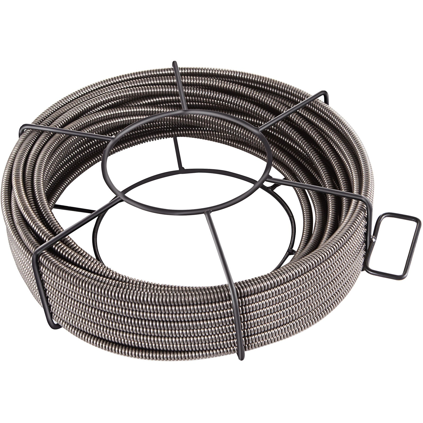 VEVOR drain cleaning cable in a coiled metal frame.