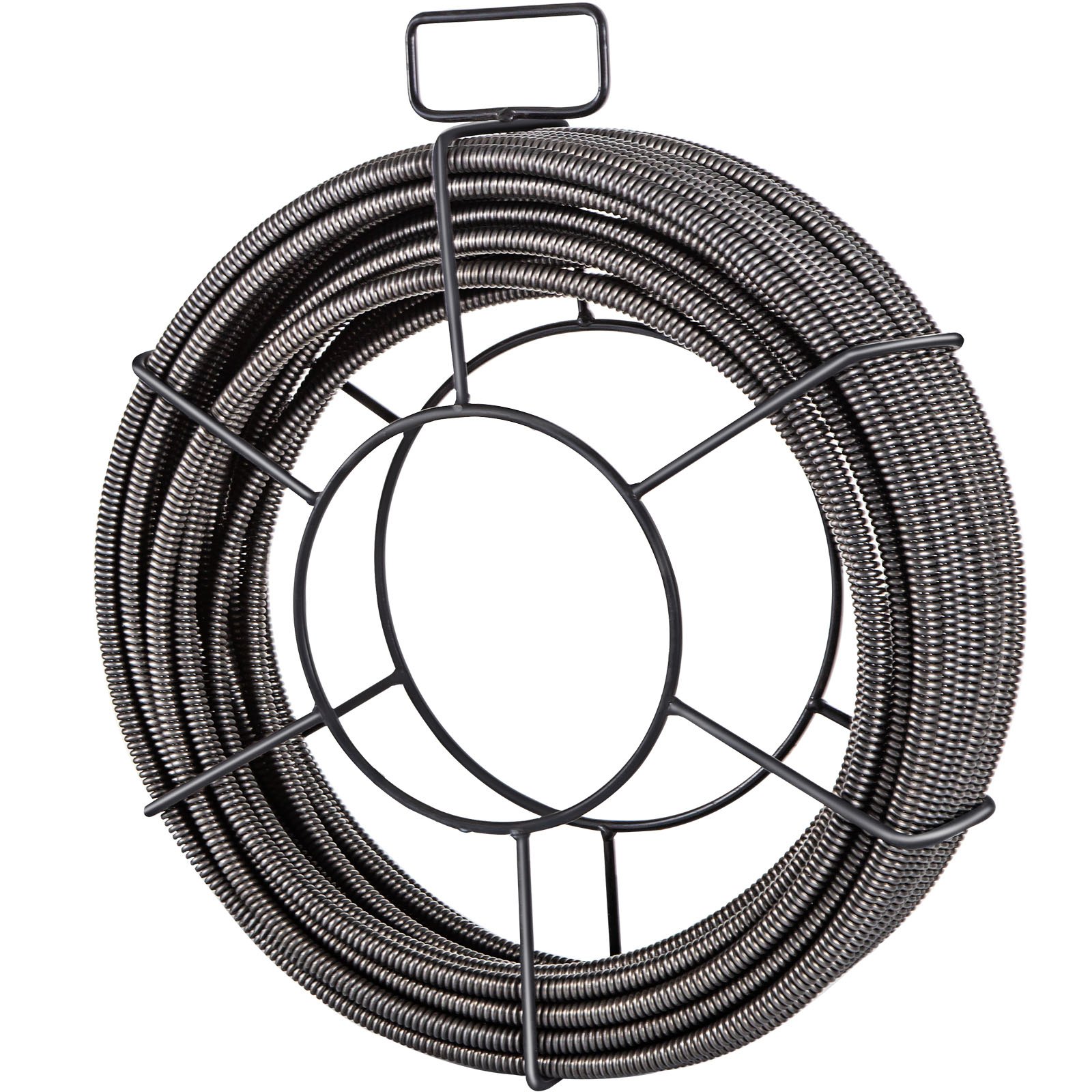 VEVOR drain cleaning cable in a metal coil holder for plumbing maintenance.