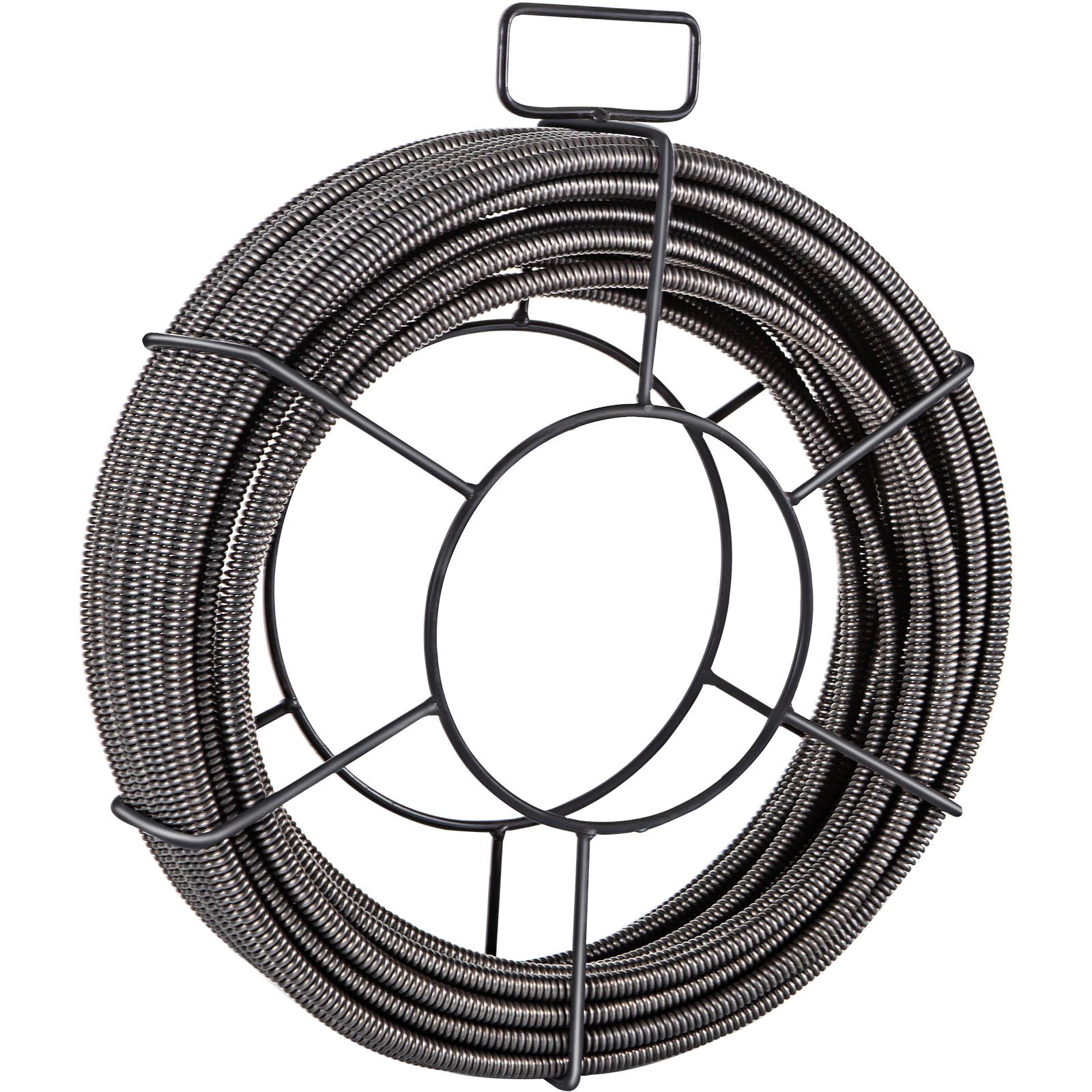 VEVOR drain cleaning cable coiled in a metal frame for plumbing applications.