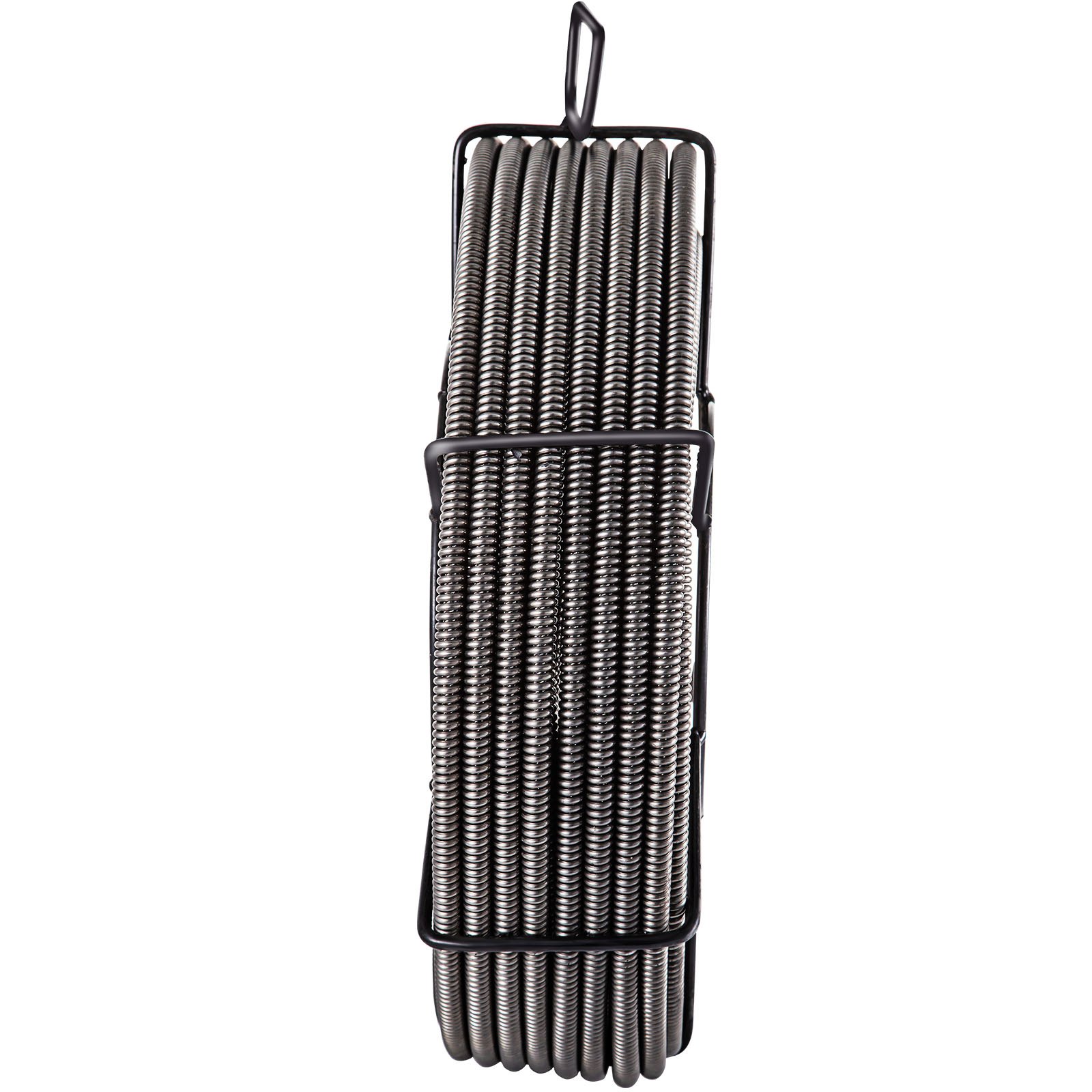 VEVOR drain cleaning cable coiled in a black metal holder against a white background.