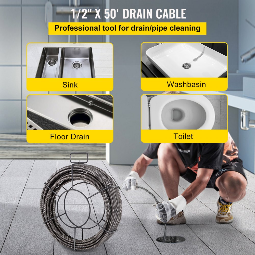 VEVOR Drain Cleaning Cable 50 Feet x 1/2 Inch Solid Core Cable Sewer Cable Drain Auger Cable Cleaner Snake Clog Pipe Drain Cleaning Cable Sewer Drain Auger Snake Pipe