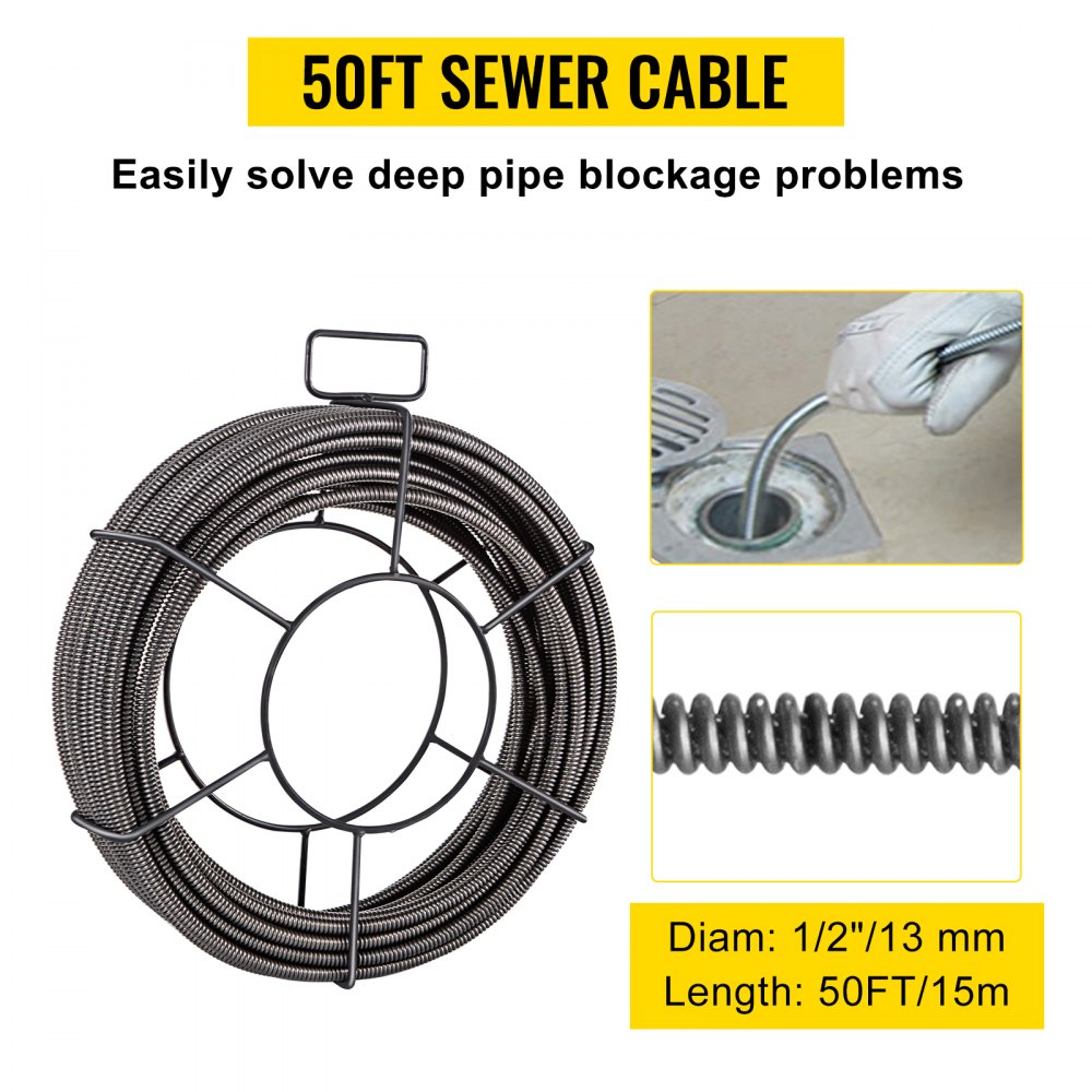 50 Ft Drain Auger Plumbing Snake Clog Cable 1/2 In. Sewer Pipe