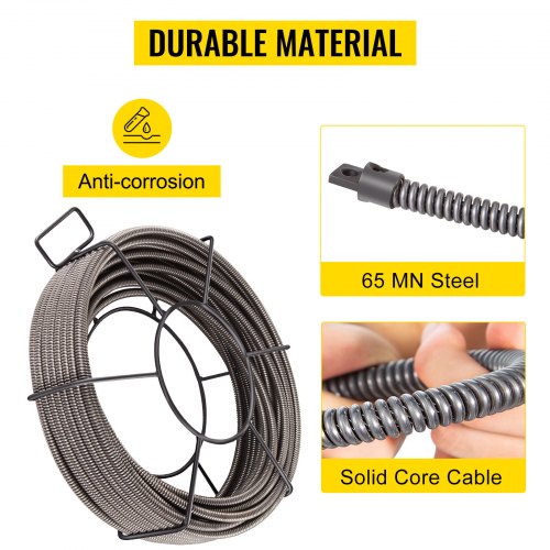 VEVOR Drain Cleaning Cable 50 Feet x 3/8 Inch Solid Core Cable Sewer Cable Drain Auger Cable Cleaner Snake Clog Pipe Drain Cleaning Cable Sewer Drain Auger Snake Pipe