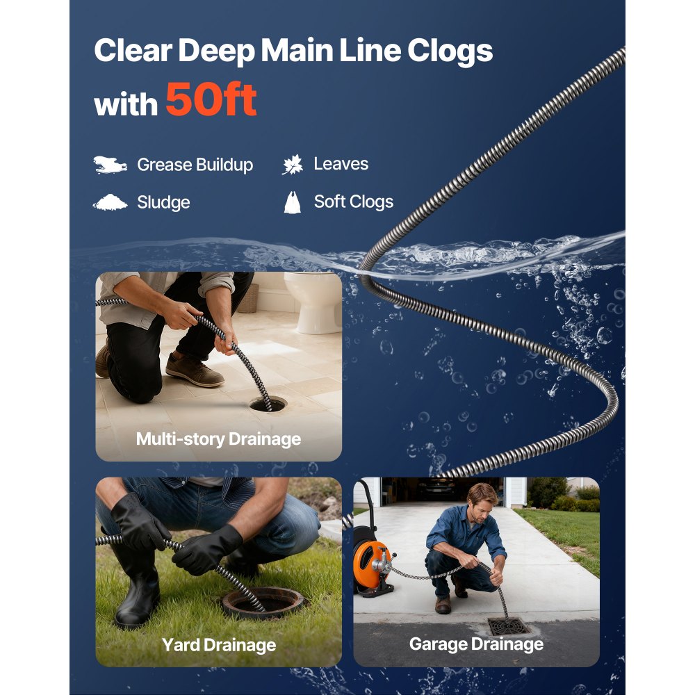 VEVOR Drain Cleaning Cable 1524 cm x 1.0 cm Solid Core Cable Sewer Cable Drain Auger Cable Cleaner Snake Clog Pipe Drain Cleaning Cable Sewer Drain Auger Snake Pipe