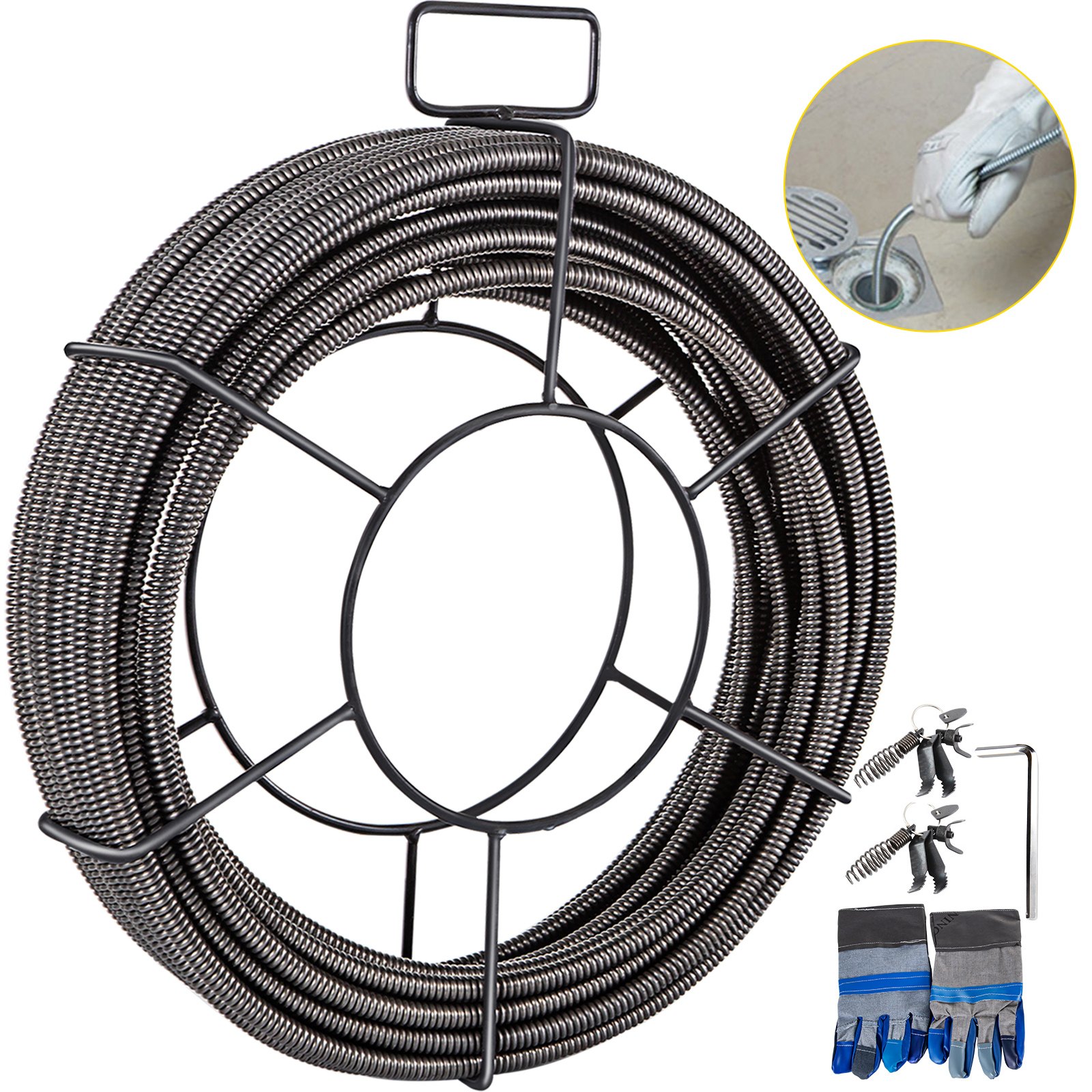 VEVOR drain cleaning cable with gloves and accessories for unclogging drains.
