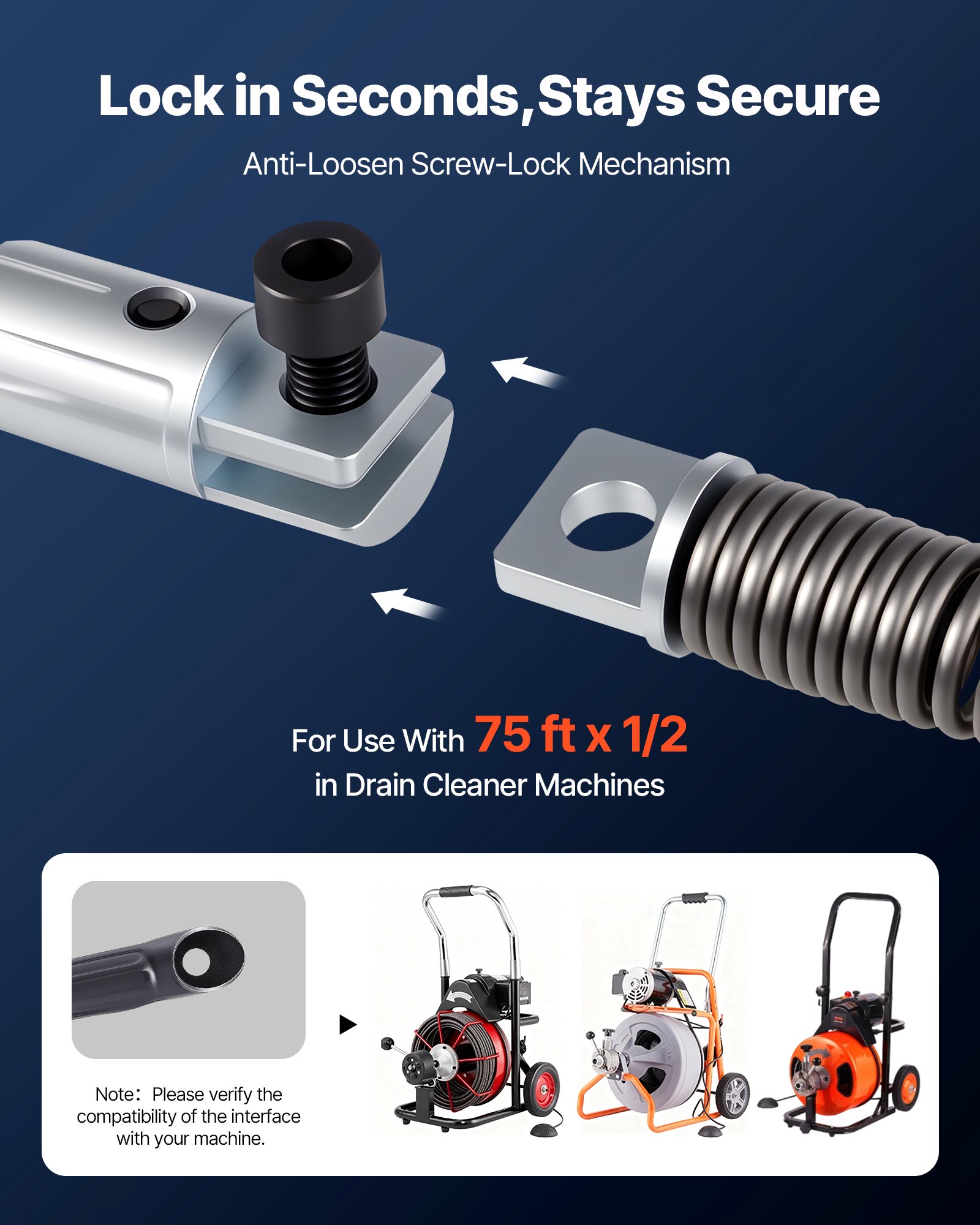 VEVOR Drain Cleaning Cable 75 Feet x 1/2 Inch Solid Core Cable Sewer Cable Drain Auger Cable Cleaner Snake Clog Pipe Drain Cleaning Cable Sewer Drain Auger Snake Pipe
