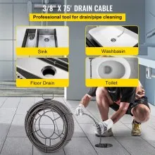 VEVOR Drain Cleaning Cable 75 Feet x 3/8 Inch Solid Core Cable Sewer Cable Drain Auger Cable Cleaner Snake Clog Pipe Drain Cleaning Cable Sewer Drain Auger Snake Pipe