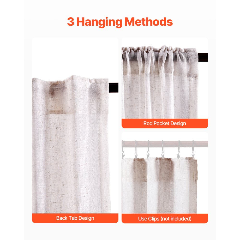 VEVOR Natural Linen Curtains, 52 x 84 inch 2 Panels Set, Semi Sheer Light Filtering Flax Textured Linen Drapes, Rod Pocket Back Tab Design, for Modern Farmhouse, Living Room, Bedroom Window Curtain