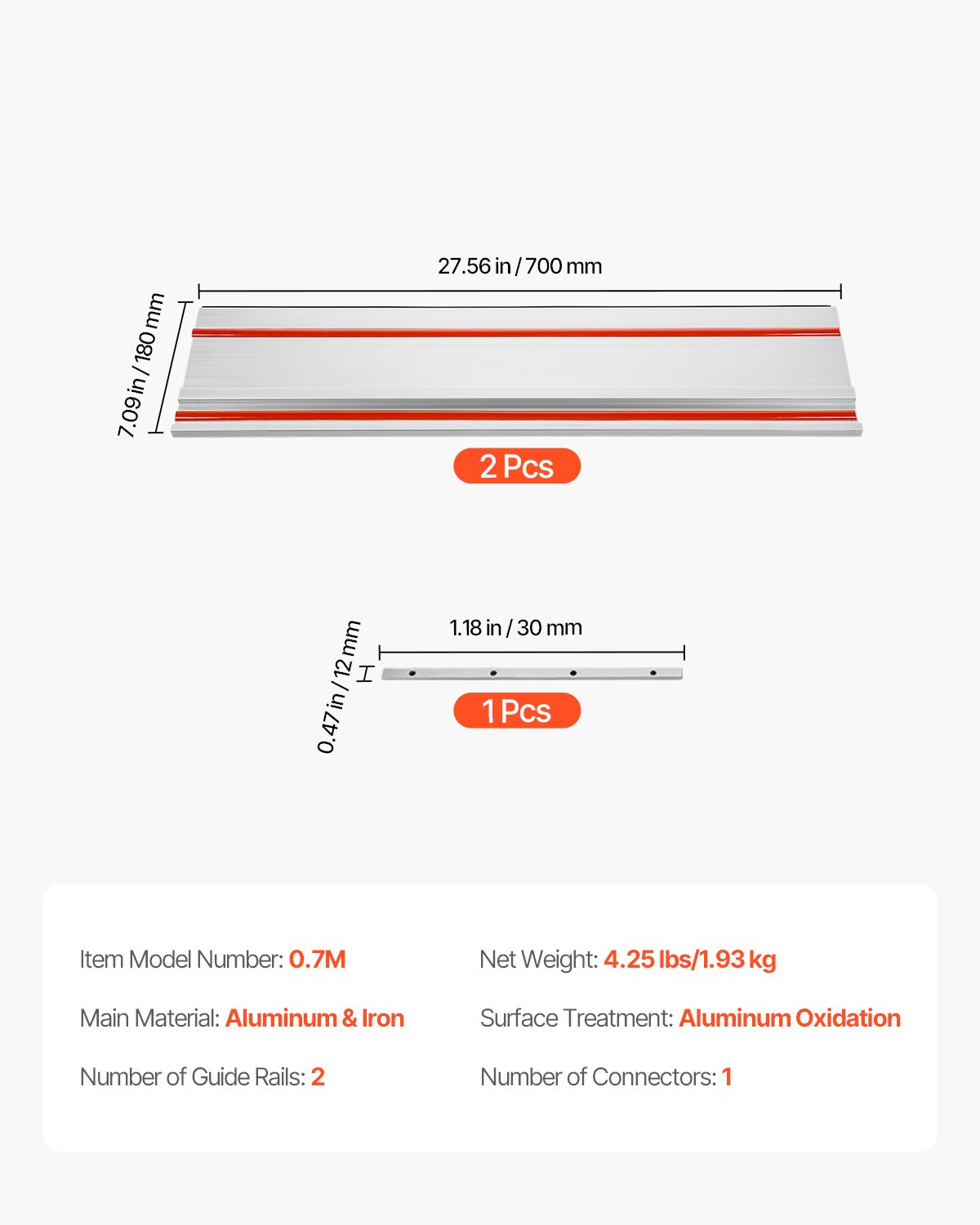 VEVOR sporsavsskinne, 1397 mm (55 tommer) skæreområde, inkluderer 2 stk. 699 mm (27,5 tommer) aluminiums ekstruderede føringsskinner og 1 forbindelse, kompatibel med Makita, Festool og WEN sporsave, til træbearbejdning af længere snit