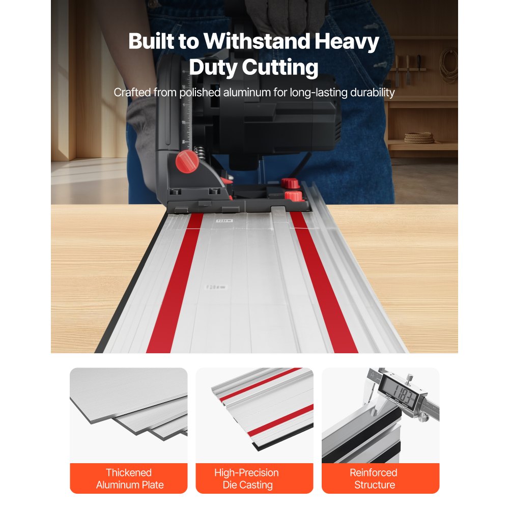 VEVOR Track Saw Guide Rail, 1397 mm Cutting Range, Kit Includes 2 x 698.5 mm Aluminum Extruded Guide Rails and 1 Connector, Compatible with Makita, Festool & WEN Track Saws, for Woodworking Projects