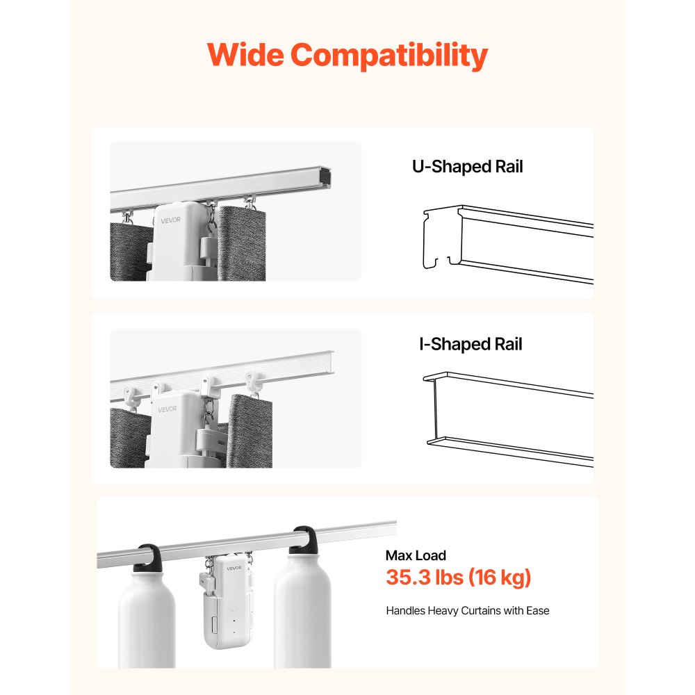 VEVOR Automatic Curtain Opener, APP and Remote Control, Hub Included, Electric Smart Curtain Opener Compatible with Alexa and Google Home, Timed Opening and Closing, for U-shaped/I-shaped Rails