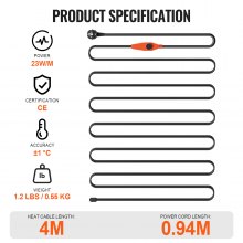VEVOR Pipe Heating Cable, 4m 23W/m Heat Tape for Pipes with Built-in Thermostat, Water Pipe Heat Cable Protects PVC Hose, Metal and Plastic Pipe from Freezing