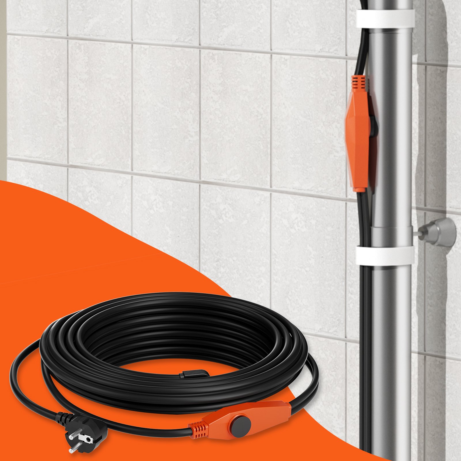 VEVOR Pipe Heating Cable, 9m 23W/m Heat Tape for Pipes with Built-in Thermostat, Water Pipe Heat Cable Protects PVC Hose, Metal and Plastic Pipe from Freezing