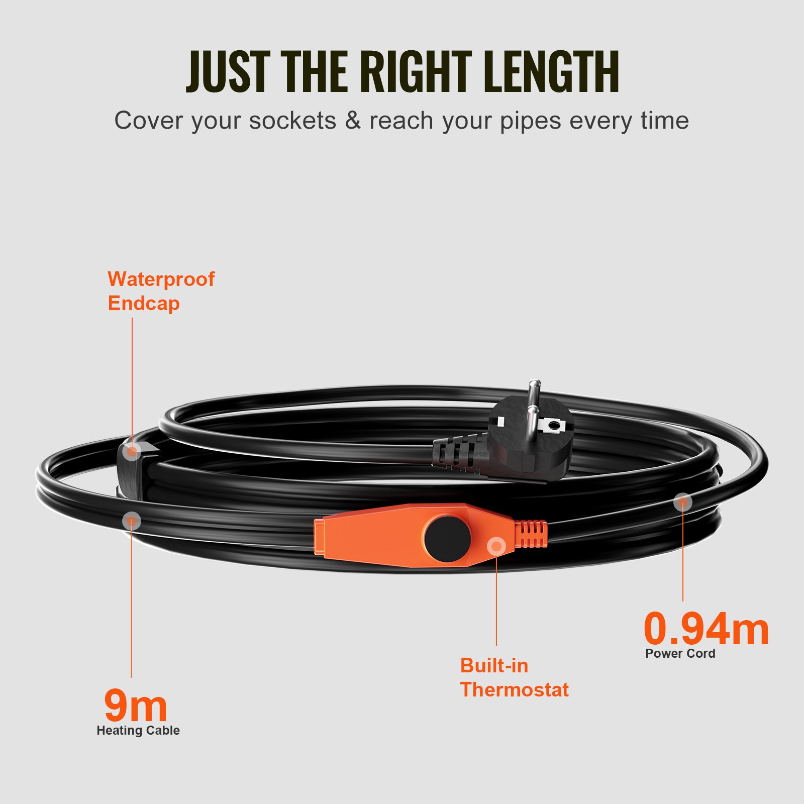 VEVOR Pipe Heating Cable, 9m 23W/m Heat Tape for Pipes with Built-in Thermostat, Water Pipe Heat Cable Protects PVC Hose, Metal and Plastic Pipe from Freezing