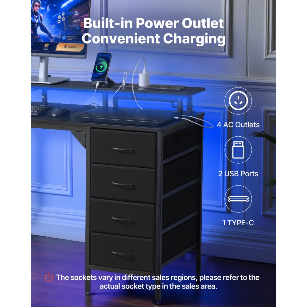 VEVOR 47" Computer Desk with LED Lights & Power Outlets, Gaming Table with 4 Large Drawers, Office Desk with Monitor Stand, Study Work Home Office, Small Spaces, Black