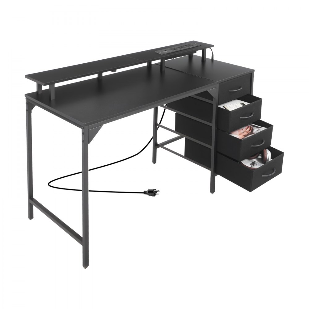 VEVOR 47" Computer Desk with LED Lights & Power Outlets, Gaming Table with 4 Large Drawers, Office Desk with Monitor Stand, Study Work Home Office, Small Spaces, Black