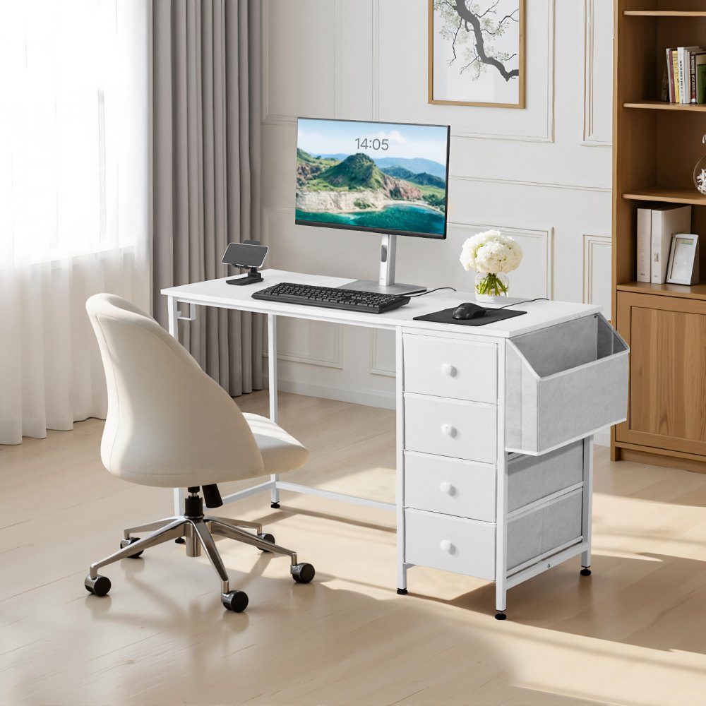 VEVOR Computer Desk with Fabric Drawers, 47 Inch Reversible Study Work Writing Desk for Modern Home Office Bedroom, Simple Modern Cute PC Table Metal Frame Business Furniture, White