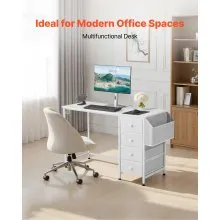 VEVOR Computer Desk with Fabric Drawers, 47 Inch Reversible Study Work Writing Desk for Modern Home Office Bedroom, Simple Modern Cute PC Table Metal Frame Business Furniture, White