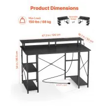 VEVOR 47" Gaming Desk with LED Lights & Power Outlets, Computer Desk with Monitor Stand & 2-Tier Storage Sheves,  Study Work for Home Office, Black