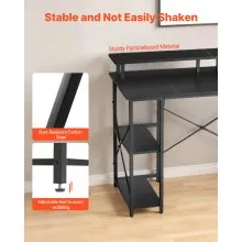 VEVOR 47" Gaming Desk with LED Lights & Power Outlets, Computer Desk with Monitor Stand & 2-Tier Storage Sheves,  Study Work for Home Office, Black