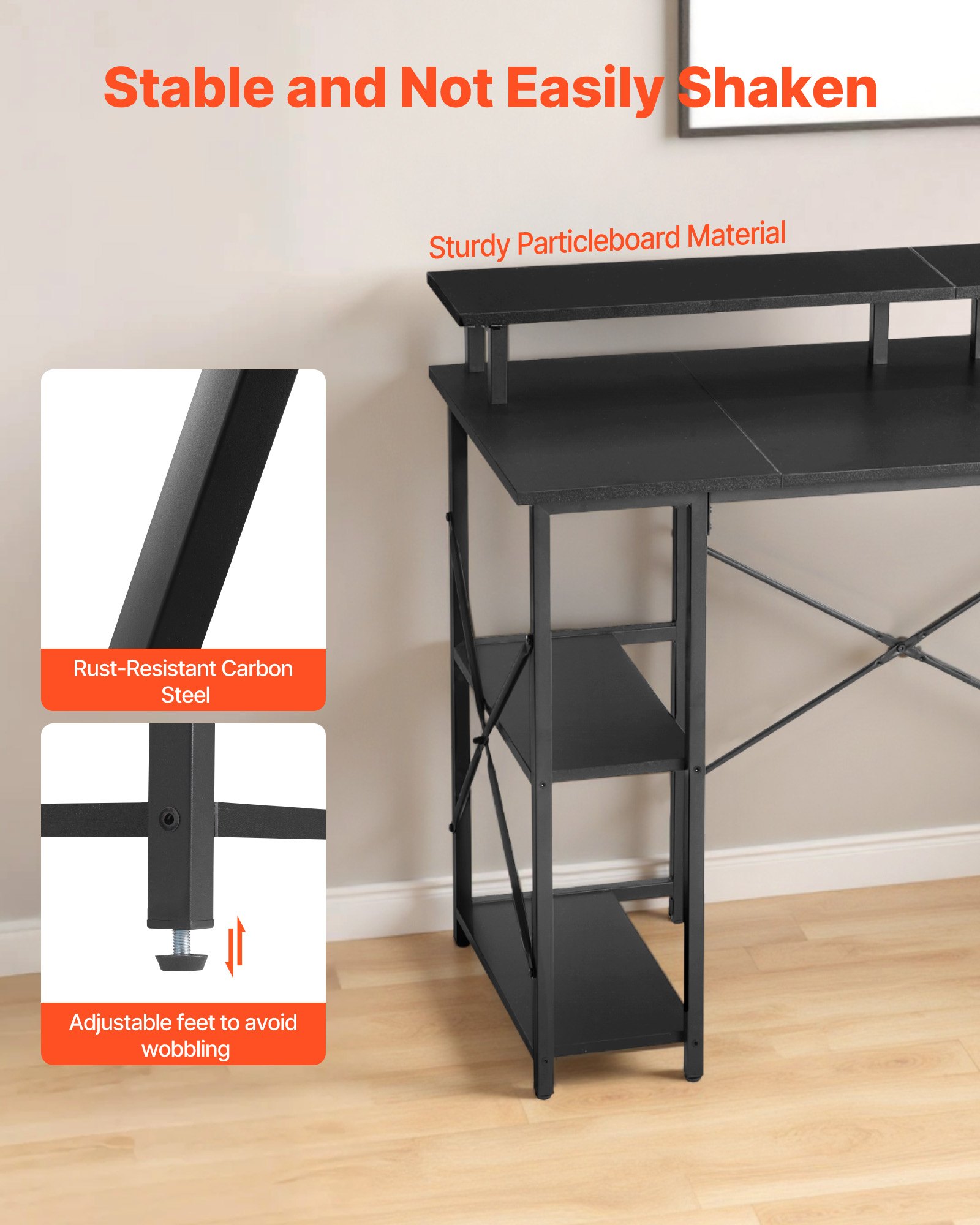 VEVOR 47" Gaming Desk with LED Lights & Power Outlets, Computer Desk with Monitor Stand & 2-Tier Storage Sheves,  Study Work for Home Office, Black