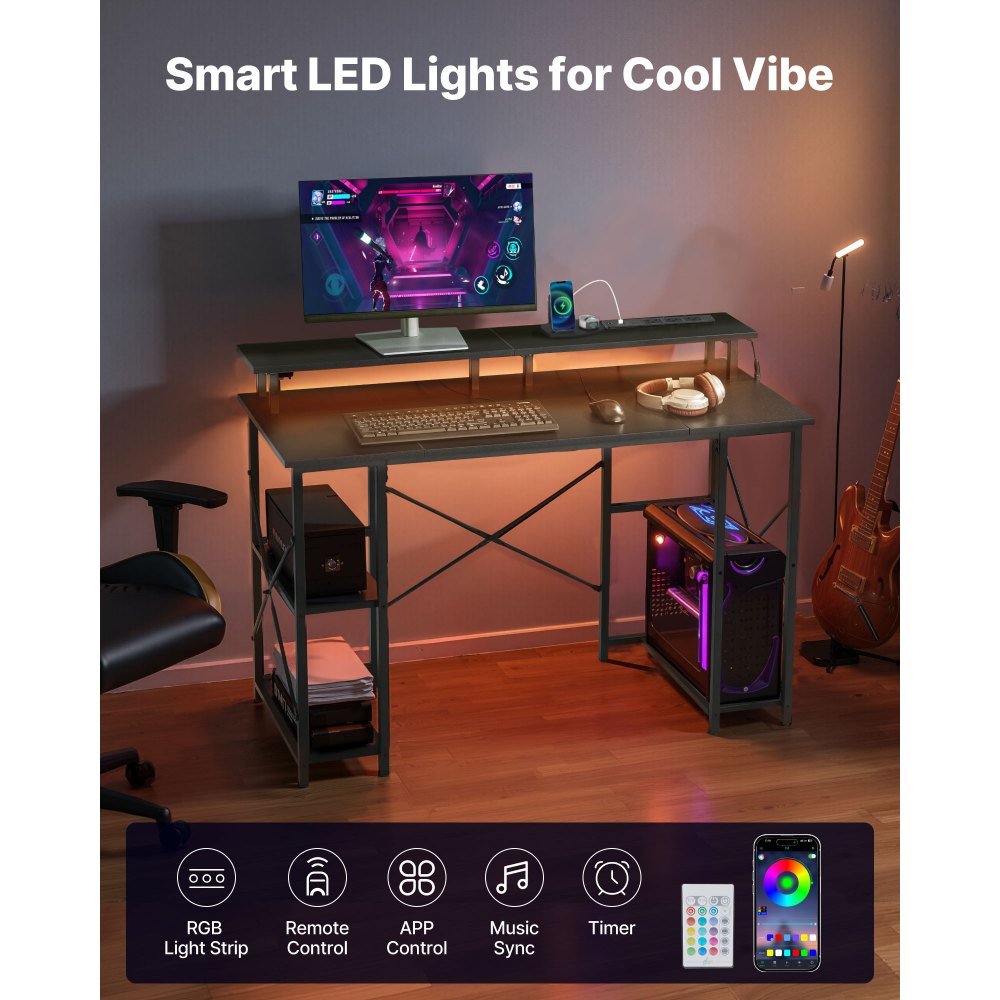 VEVOR 120 cm Computer Desk with Smart LED Lights and Power Outlets, Reversible Gaming Office Desk with Monitor Stand and 2-Tier Storage Shelves, Study Work for Home Office, Black