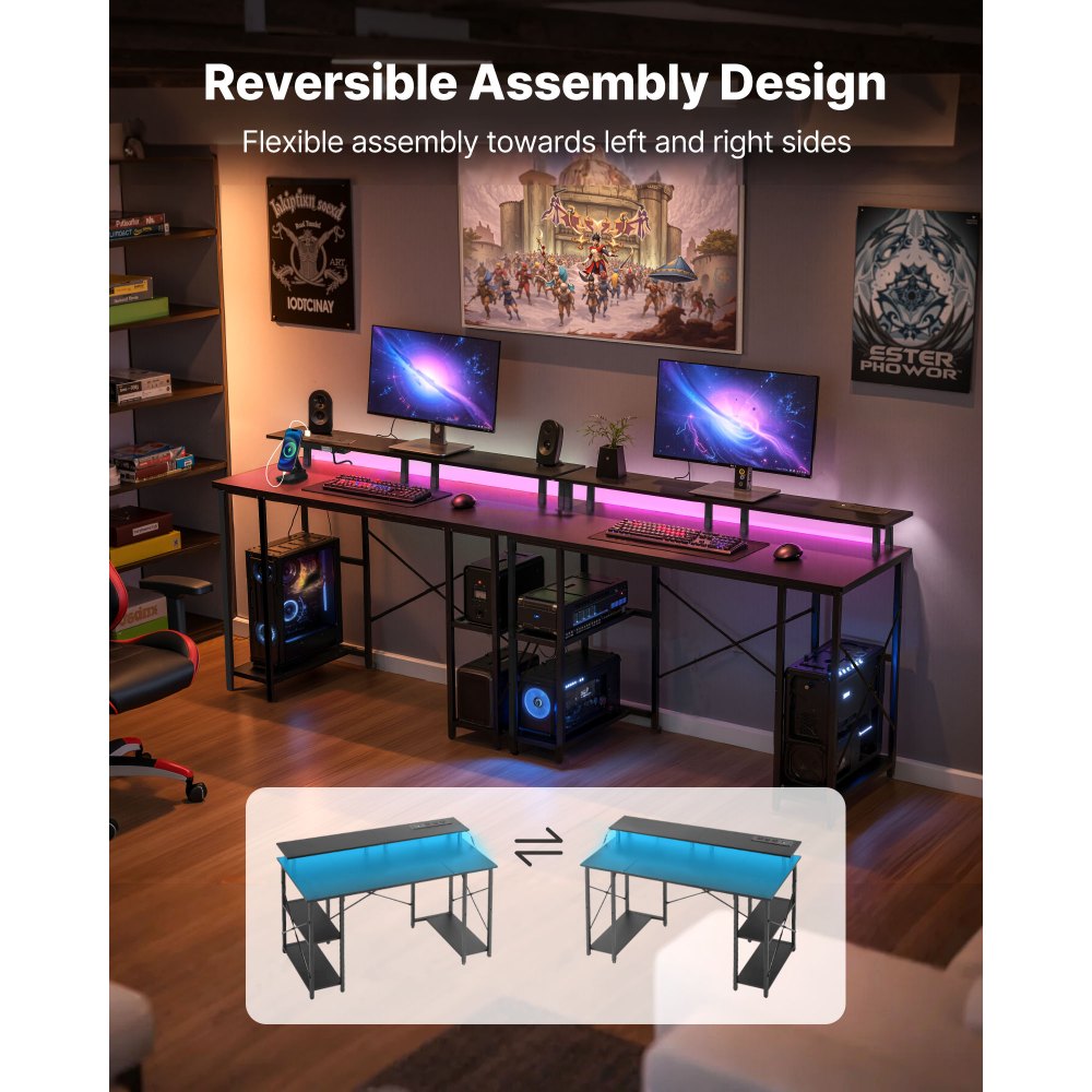 VEVOR 120 cm Computer Desk with Smart LED Lights and Power Outlets, Reversible Gaming Office Desk with Monitor Stand and 2-Tier Storage Shelves, Study Work for Home Office, Black