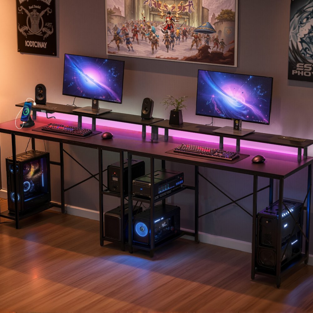 VEVOR 120 cm Computer Desk with Smart LED Lights and Power Outlets, Reversible Gaming Office Desk with Monitor Stand and 2-Tier Storage Shelves, Study Work for Home Office, Black