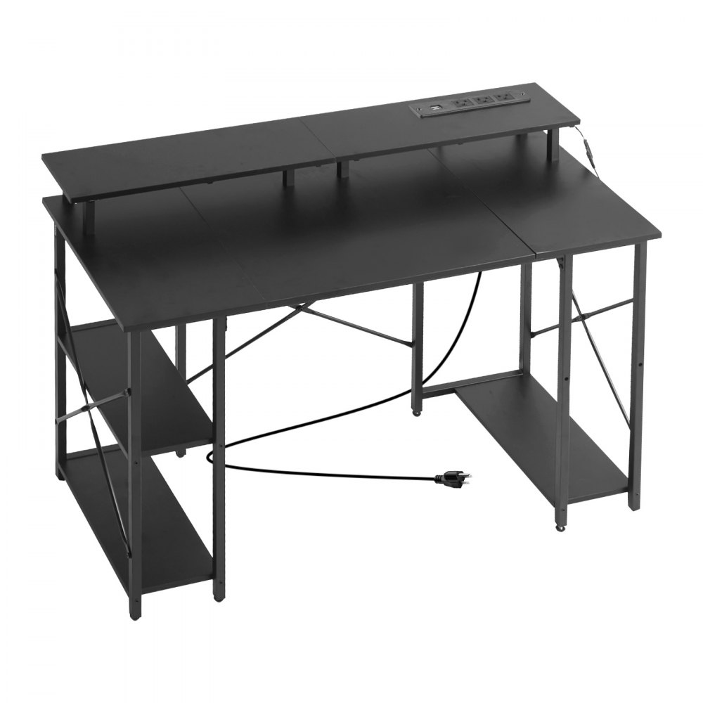VEVOR 120 cm Computer Desk with Smart LED Lights and Power Outlets, Reversible Gaming Office Desk with Monitor Stand and 2-Tier Storage Shelves, Study Work for Home Office, Black