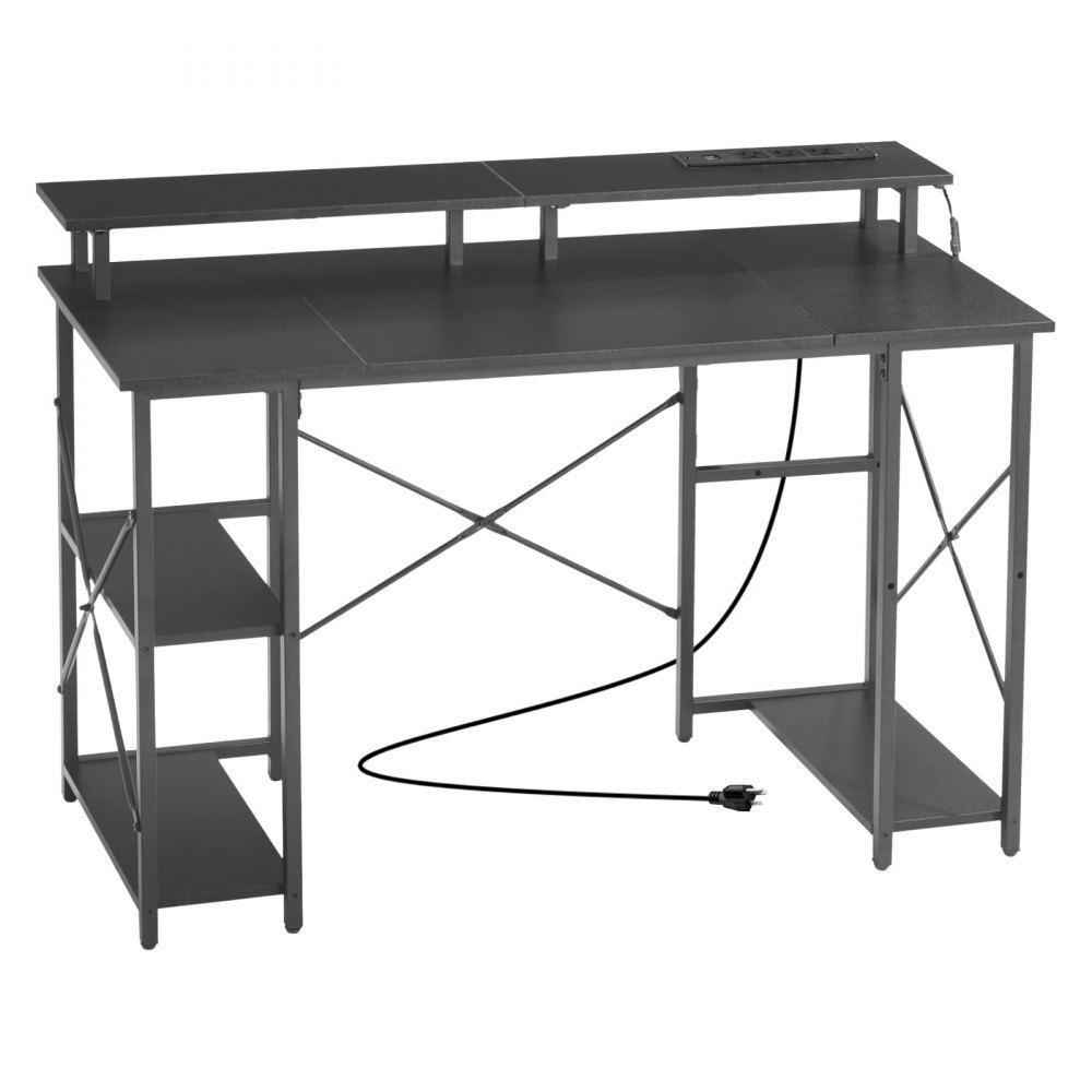 VEVOR 120 cm Computer Desk with Smart LED Lights and Power Outlets, Reversible Gaming Office Desk with Monitor Stand and 2-Tier Storage Shelves, Study Work for Home Office, Black