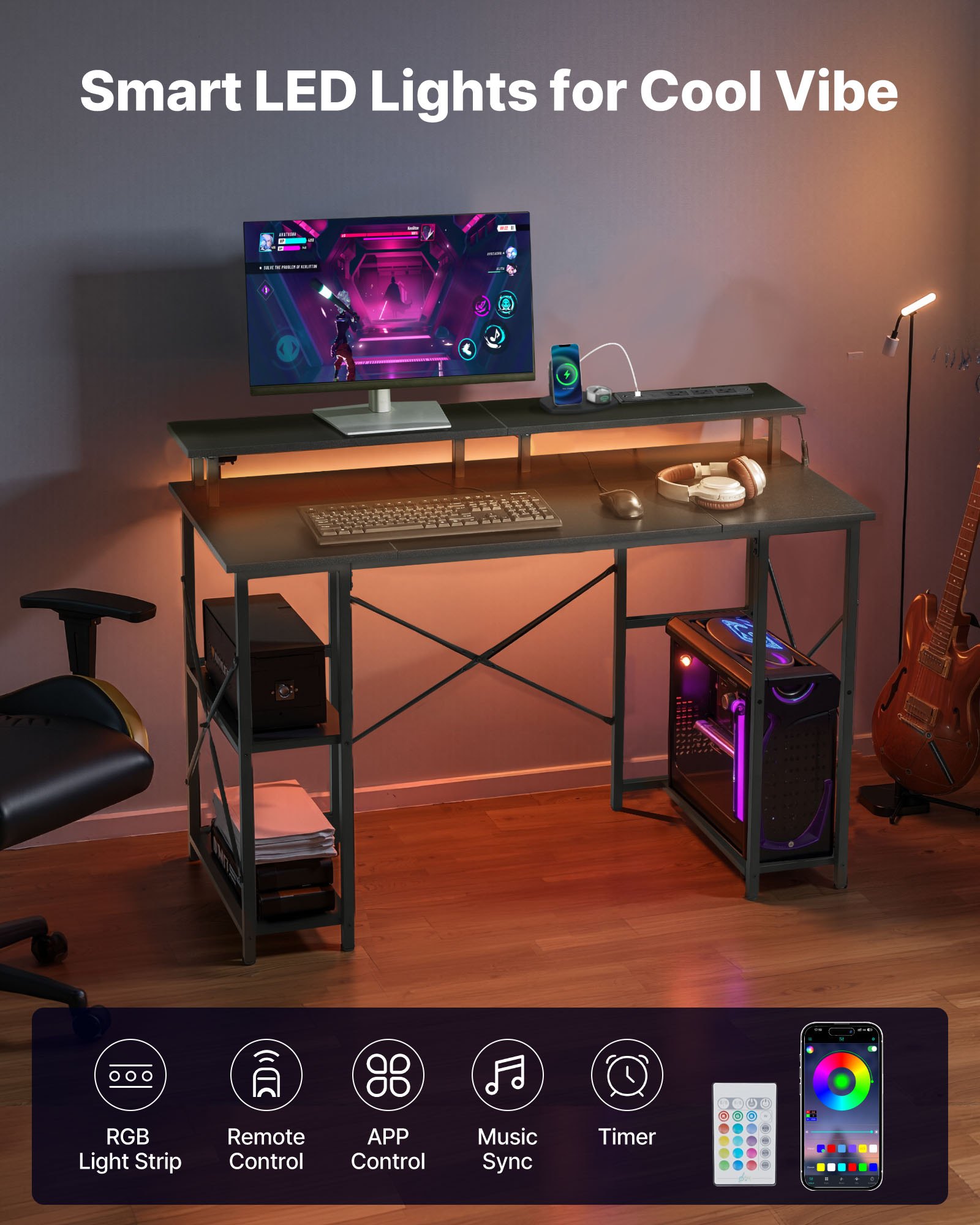 VEVOR 120 cm Computer Desk with Smart LED Lights and Power Outlets, Reversible Gaming Office Desk with Monitor Stand and 2-Tier Storage Shelves, Study Work for Home Office, Black
