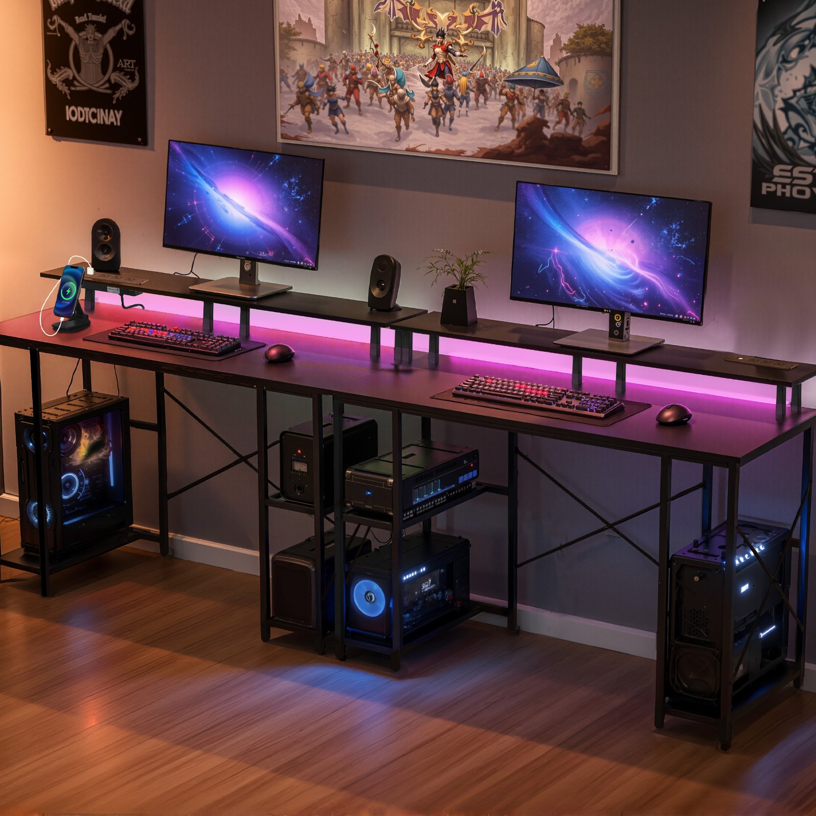VEVOR 120 cm Computer Desk with Smart LED Lights and Power Outlets, Reversible Gaming Office Desk with Monitor Stand and 2-Tier Storage Shelves, Study Work for Home Office, Black