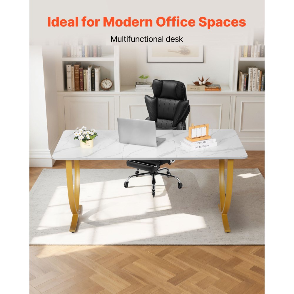 VEVOR Executive Desk, 160 cm W x 80 cm D Large Office Desk, Modern Computer Table Conference Meeting Room Table, Business Furniture Enlarged Desktop for Home Office, White and Gold