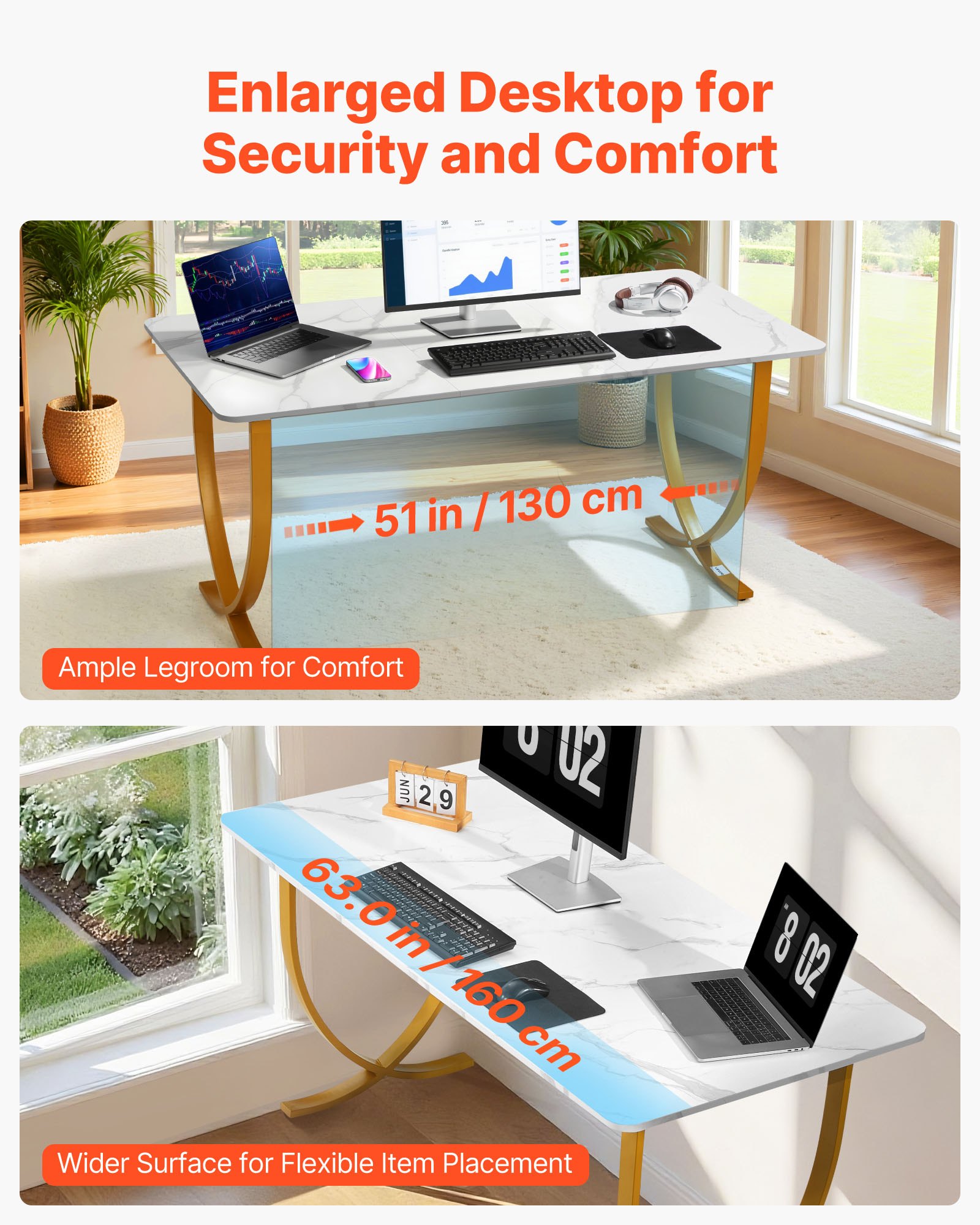VEVOR Executive Desk, 160 cm W x 80 cm D Large Office Desk, Modern Computer Table Conference Meeting Room Table, Business Furniture Enlarged Desktop for Home Office, White and Gold