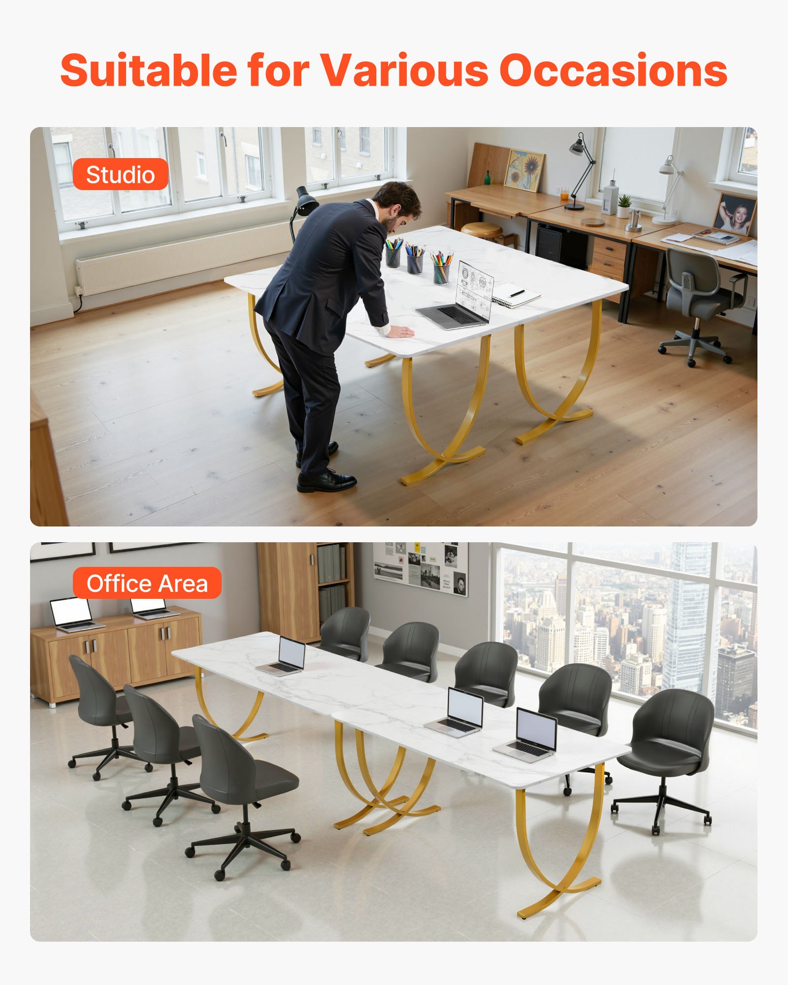 VEVOR Executive Desk, 160 cm W x 80 cm D Large Office Desk, Modern Computer Table Conference Meeting Room Table, Business Furniture Enlarged Desktop for Home Office, White and Gold