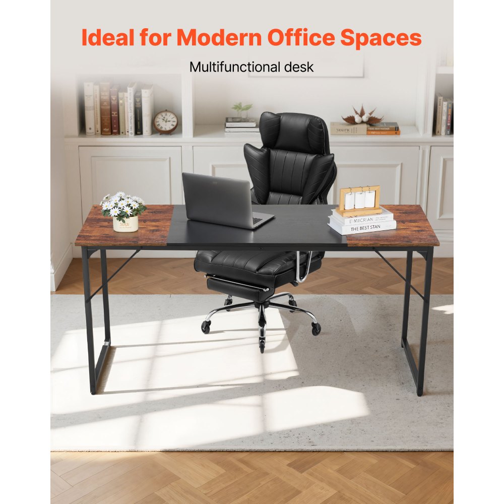VEVOR Computer Desk, 160 cm Office Gaming Desk for Home Office, Writing Study Work Modern Simple Table with Metal Frame for Large Legroom, Rustic Brown and Black