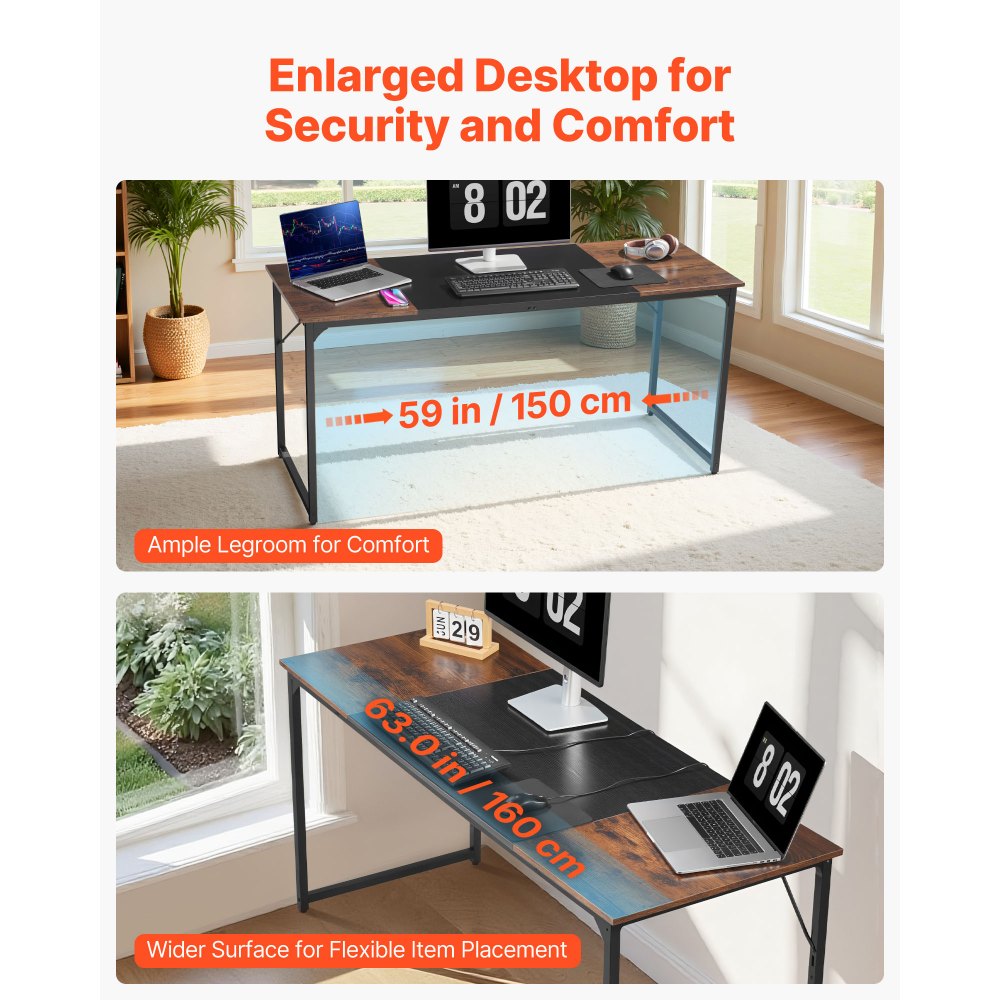 VEVOR Computer Desk, 160 cm Office Gaming Desk for Home Office, Writing Study Work Modern Simple Table with Metal Frame for Large Legroom, Rustic Brown and Black