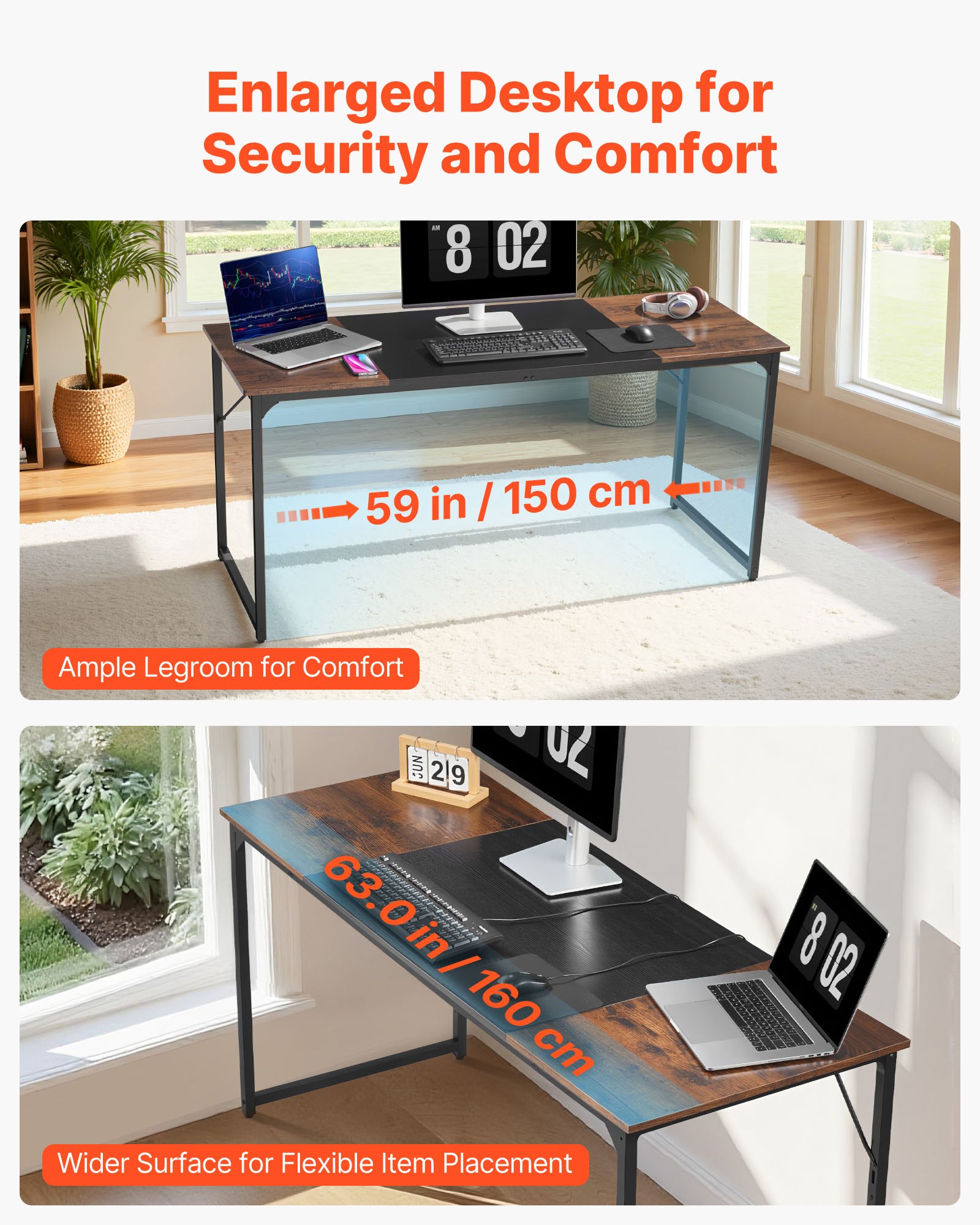 VEVOR Computer Desk, 160 cm Office Gaming Desk for Home Office, Writing Study Work Modern Simple Table with Metal Frame for Large Legroom, Rustic Brown and Black