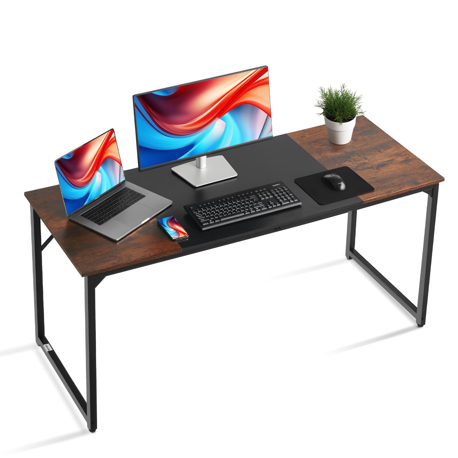 VEVOR Computer Desk, 160 cm Office Gaming Desk for Home Office, Writing Study Work Modern Simple Table with Metal Frame for Large Legroom, Rustic Brown and Black