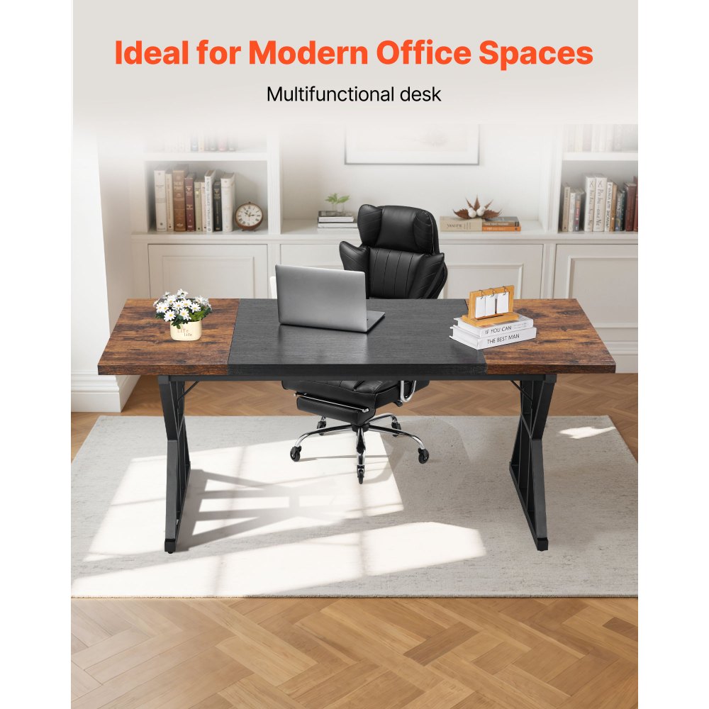 VEVOR Executive Desk 70.9 x 31.5 inch, Large Computer Desk PC Workstation for Home Office, Modern Simple Wood Laptop Study Writing Table Metal Frame Business Furniture, Rustic Brown and Black