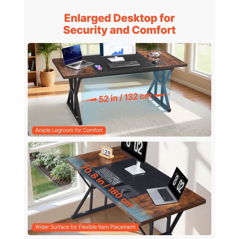 VEVOR Executive Desk 70.9 x 31.5 inch, Large Computer Desk PC Workstation for Home Office, Modern Simple Wood Laptop Study Writing Table Metal Frame Business Furniture, Rustic Brown and Black