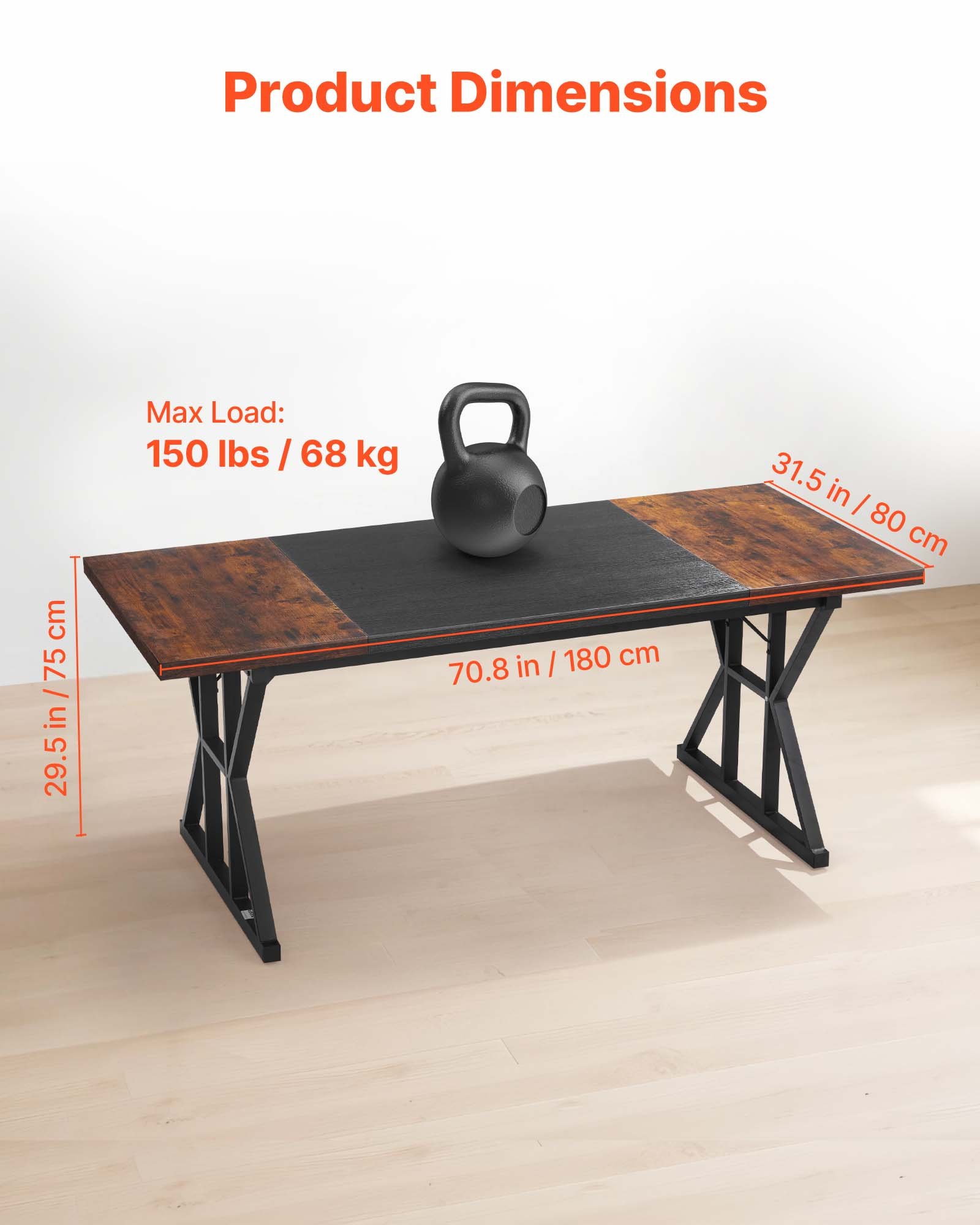 VEVOR Executive Desk 70.9 x 31.5 inch, Large Computer Desk PC Workstation for Home Office, Modern Simple Wood Laptop Study Writing Table Metal Frame Business Furniture, Rustic Brown and Black