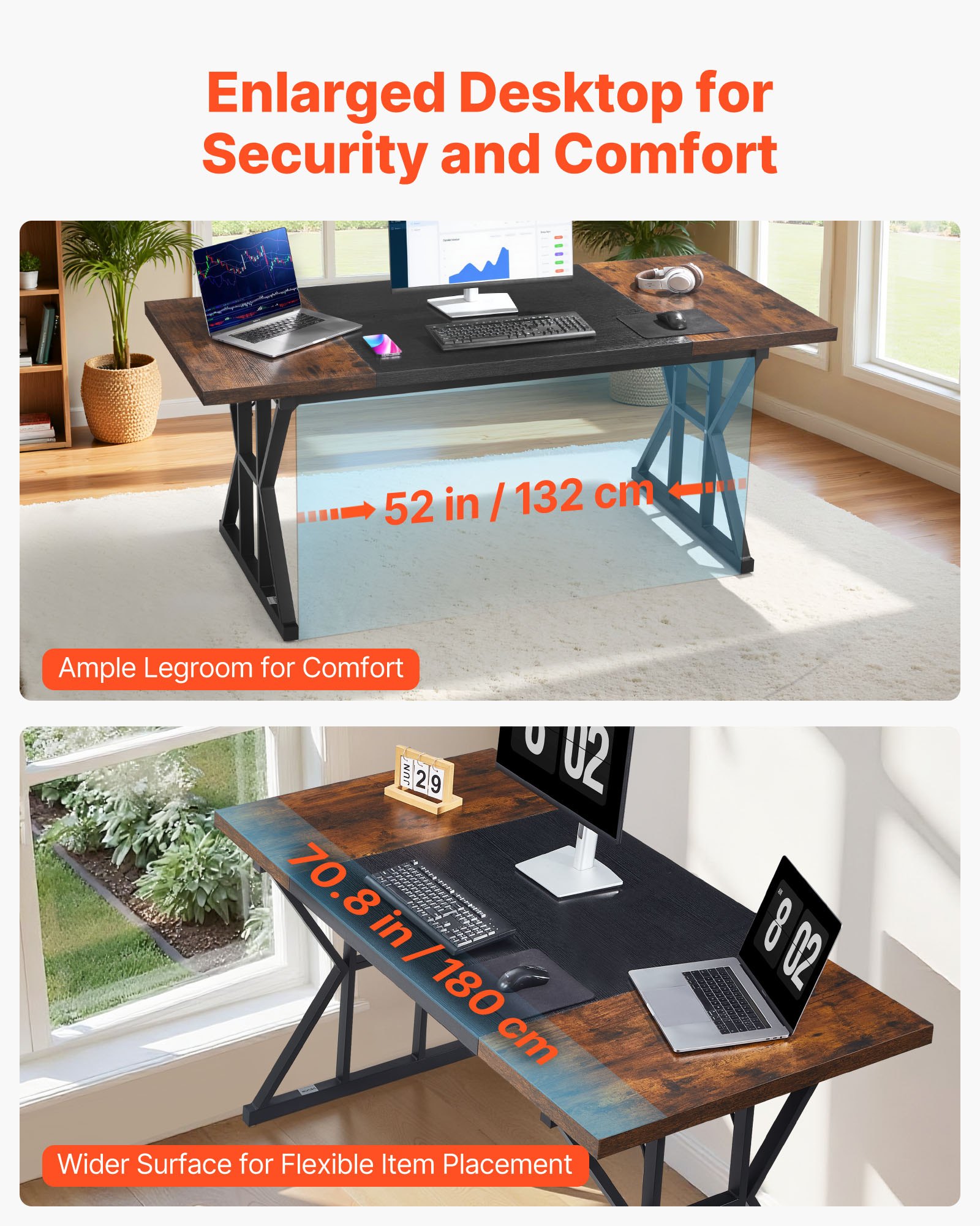 VEVOR Executive Desk 70.9 x 31.5 inch, Large Computer Desk PC Workstation for Home Office, Modern Simple Wood Laptop Study Writing Table Metal Frame Business Furniture, Rustic Brown and Black