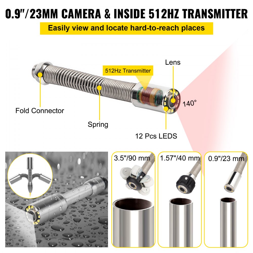 VEVOR Cámara de alcantarillado con localizador, cable de 165', cámara de drenaje con transmisor y receptor de sonda de 512 Hz, equipo de inspección de vídeo de alcantarillado IP68 impermeable con tarjeta SD de 16 GB, monitor LCD 1200TVL de 7 pulgadas, luces LED