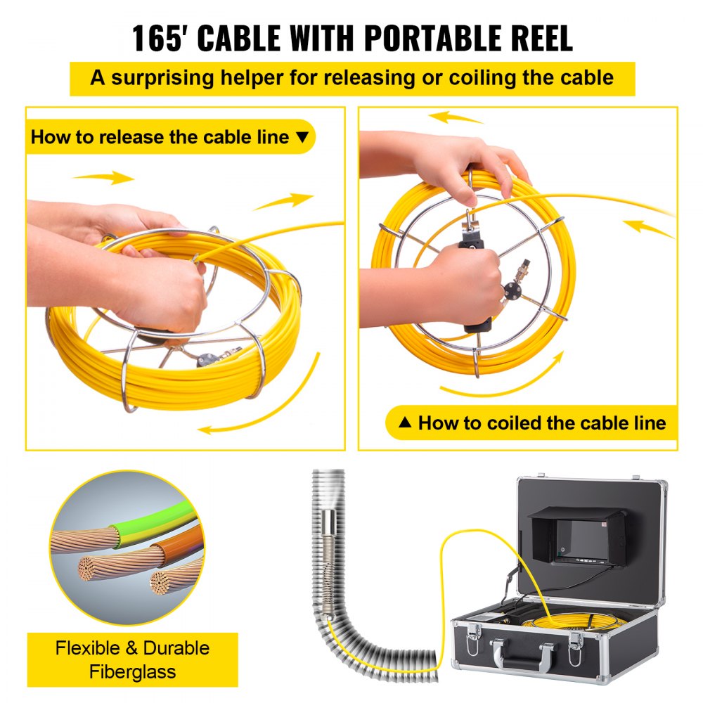 VEVOR Cámara de alcantarillado con localizador, cable de 165', cámara de drenaje con transmisor y receptor de sonda de 512 Hz, equipo de inspección de vídeo de alcantarillado IP68 impermeable con tarjeta SD de 16 GB, monitor LCD 1200TVL de 7 pulgadas, luces LED
