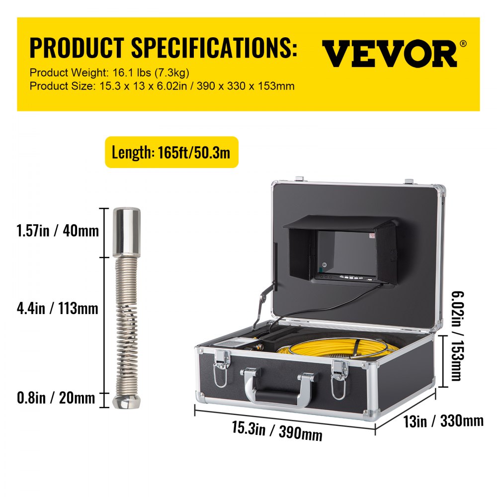 VEVOR Cámara de alcantarillado con localizador, cable de 165', cámara de drenaje con transmisor y receptor de sonda de 512 Hz, equipo de inspección de vídeo de alcantarillado IP68 impermeable con tarjeta SD de 16 GB, monitor LCD 1200TVL de 7 pulgadas, luces LED