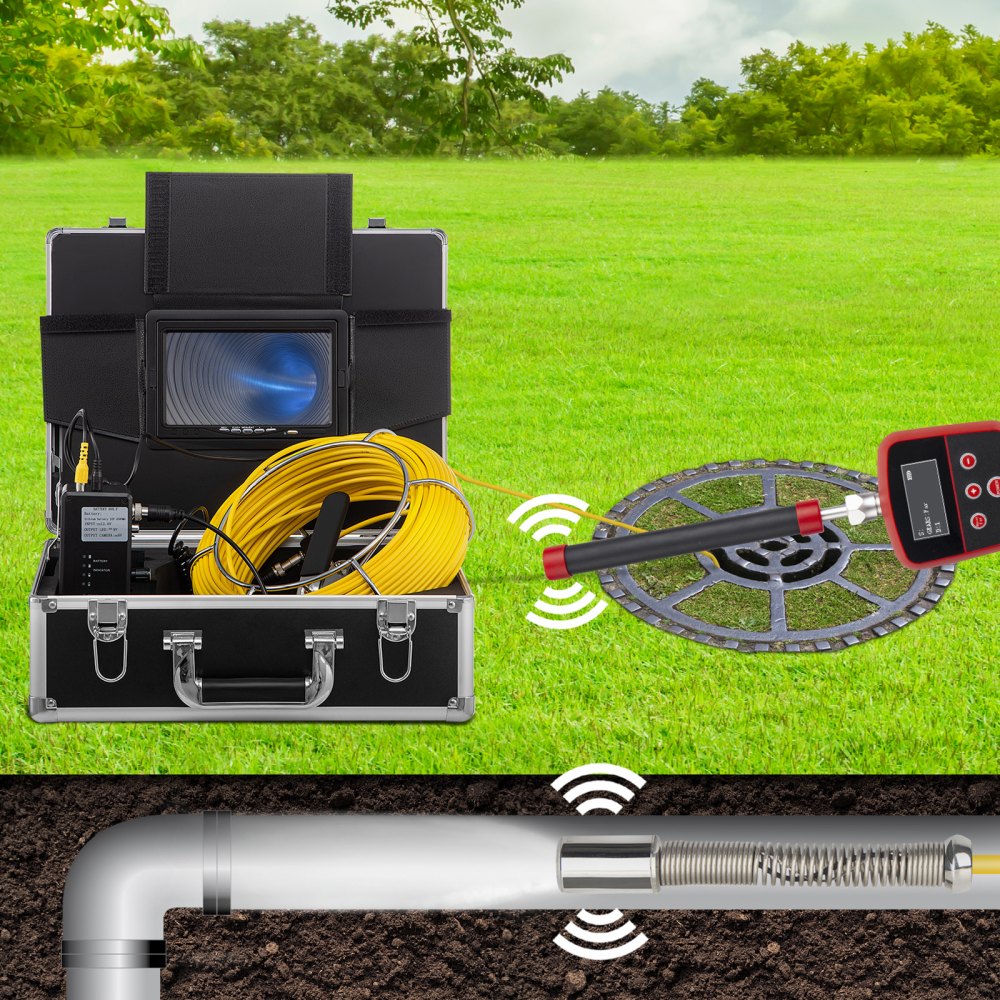 VEVOR Cámara de alcantarillado con localizador, cable de 165', cámara de drenaje con transmisor y receptor de sonda de 512 Hz, equipo de inspección de vídeo de alcantarillado IP68 impermeable con tarjeta SD de 16 GB, monitor LCD 1200TVL de 7 pulgadas, luces LED
