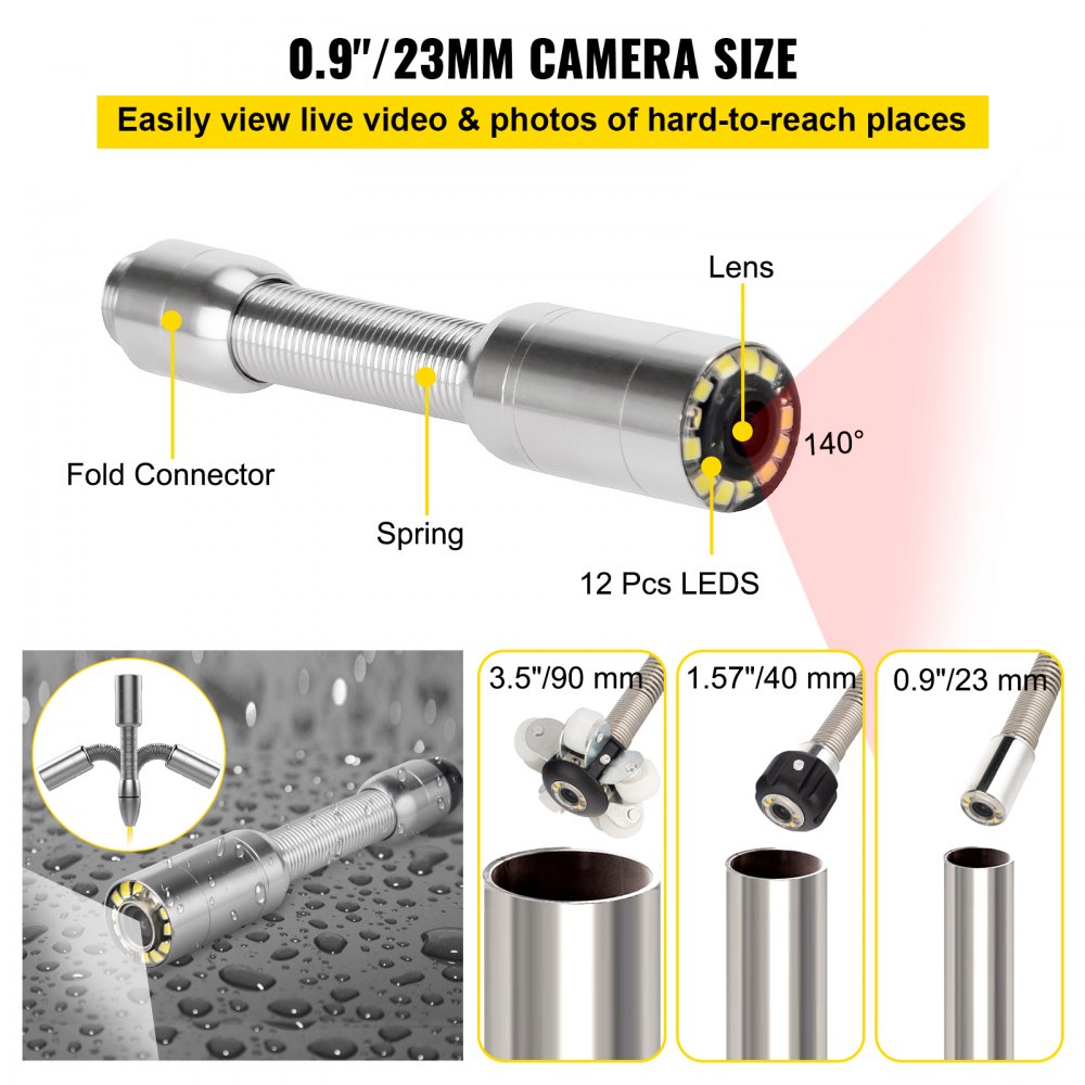 VEVOR Sewer Camera, 328ft/100m Cable, Waterproof IP68 Sewer Video Inspection Equipment, Drain Camera with 16 GB SD Card, DVR Function, 720P 9\" LCD Monitor, LED Lights