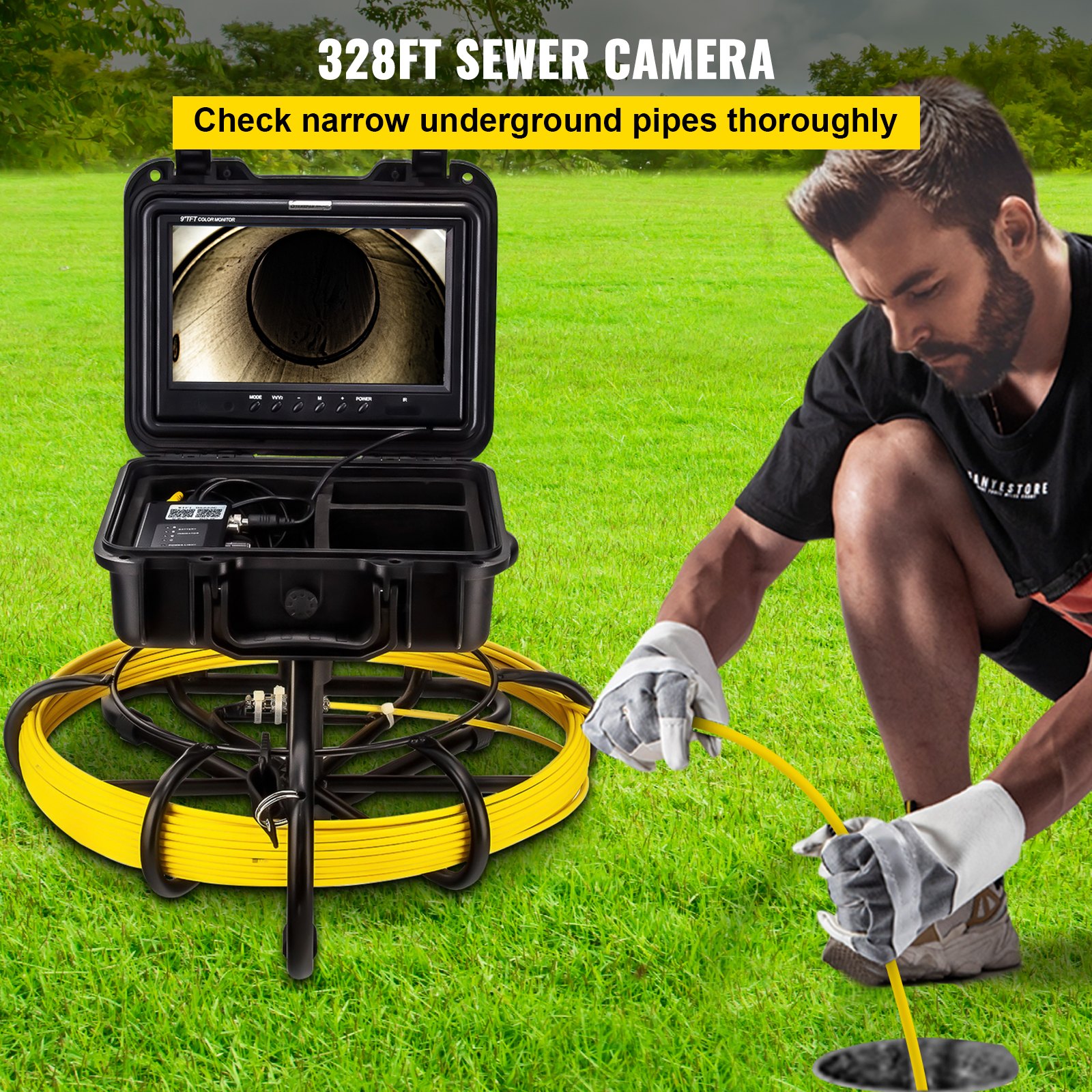 VEVOR Sewer Camera, 328ft/100m Cable, Waterproof IP68 Sewer Video Inspection Equipment, Drain Camera with 16 GB SD Card, DVR Function, 720P 9\" LCD Monitor, LED Lights