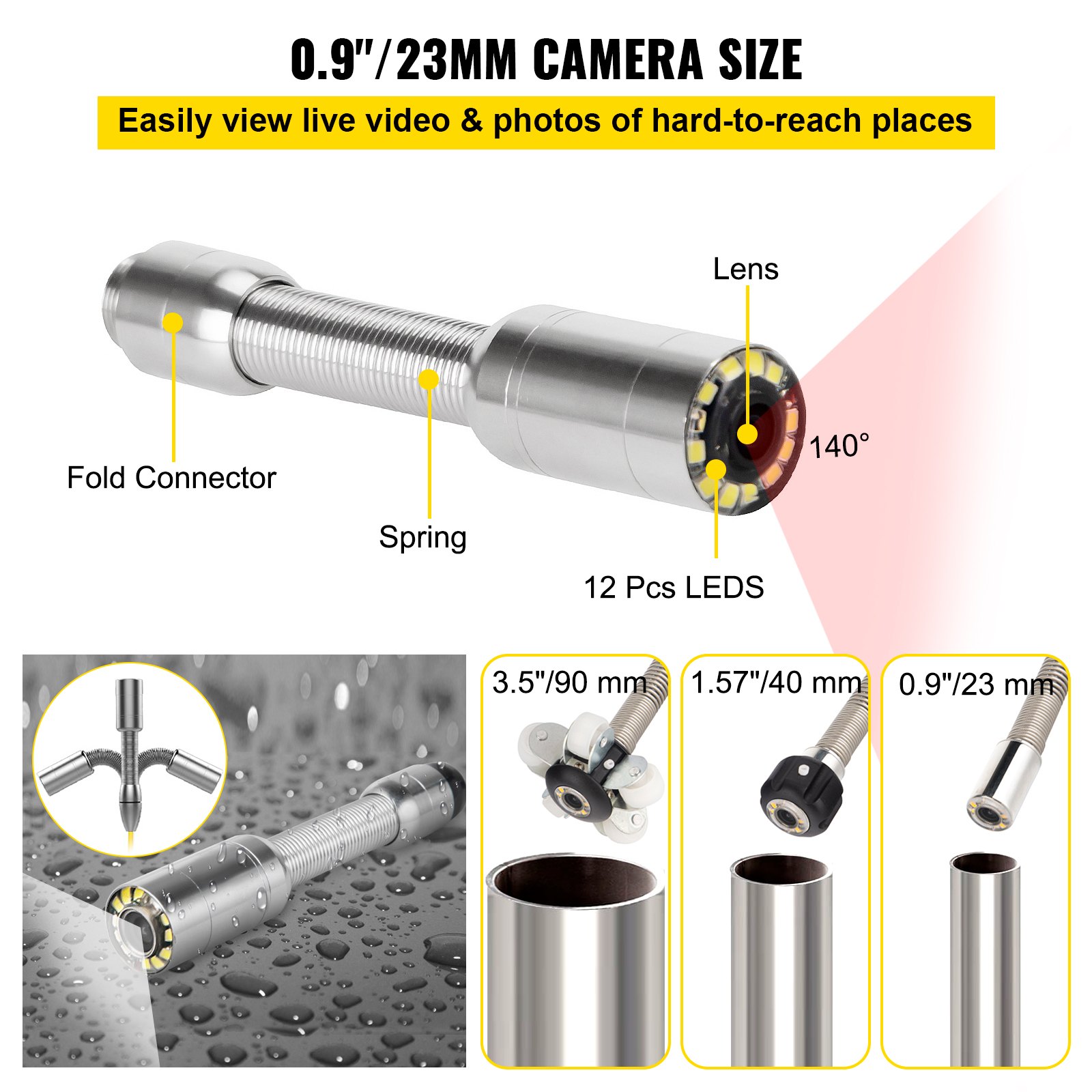 VEVOR Sewer Camera, 328ft/100m Cable, Waterproof IP68 Sewer Video Inspection Equipment, Drain Camera with 16 GB SD Card, DVR Function, 720P 9\" LCD Monitor, LED Lights
